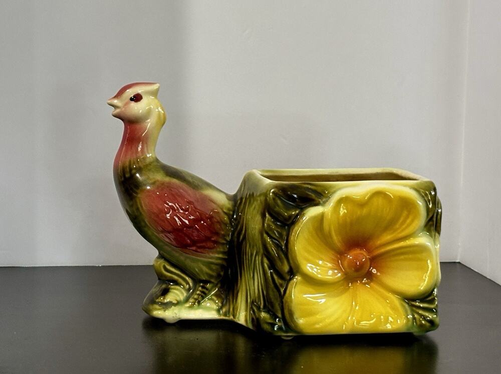 Vintage Ceramic Pheasant Bird Planter Yellow Dogwood Flower Planter Vase
